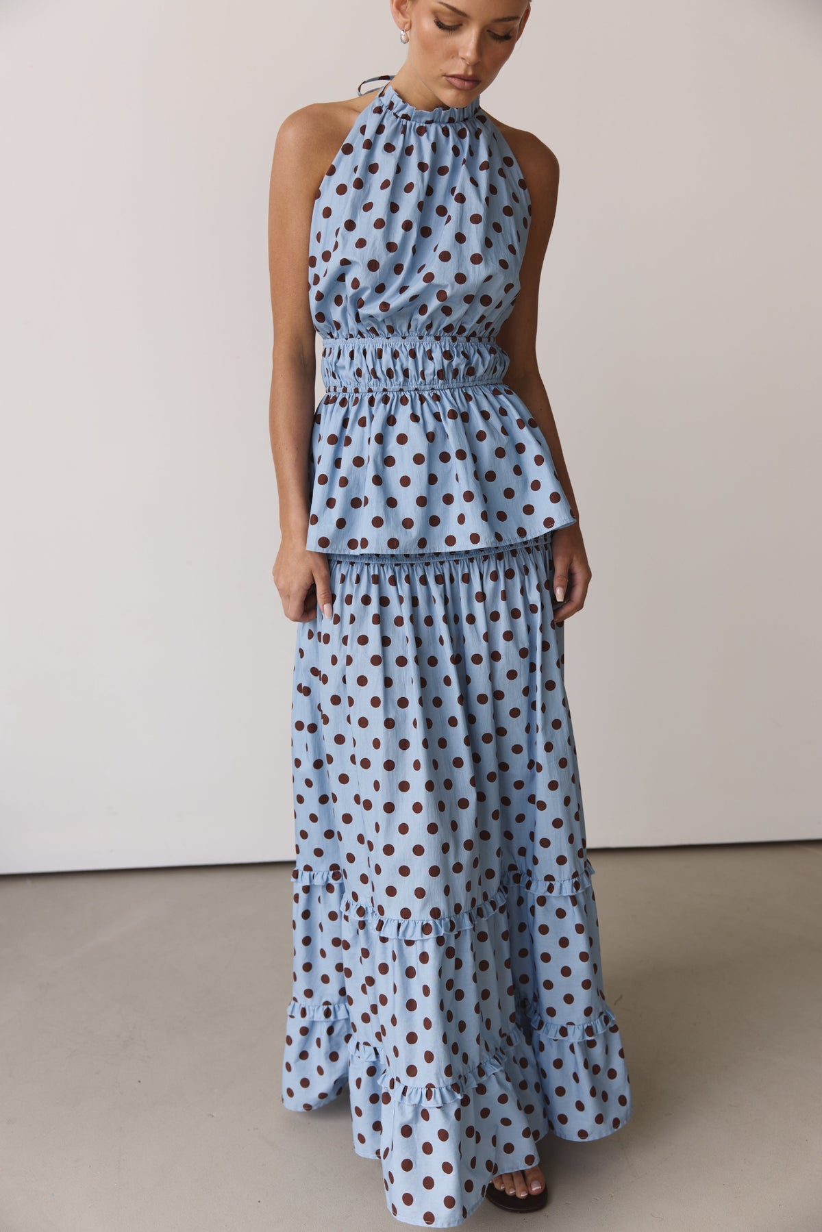 Stella Maxi Skirt (Light Blue/Chocolate Polka)