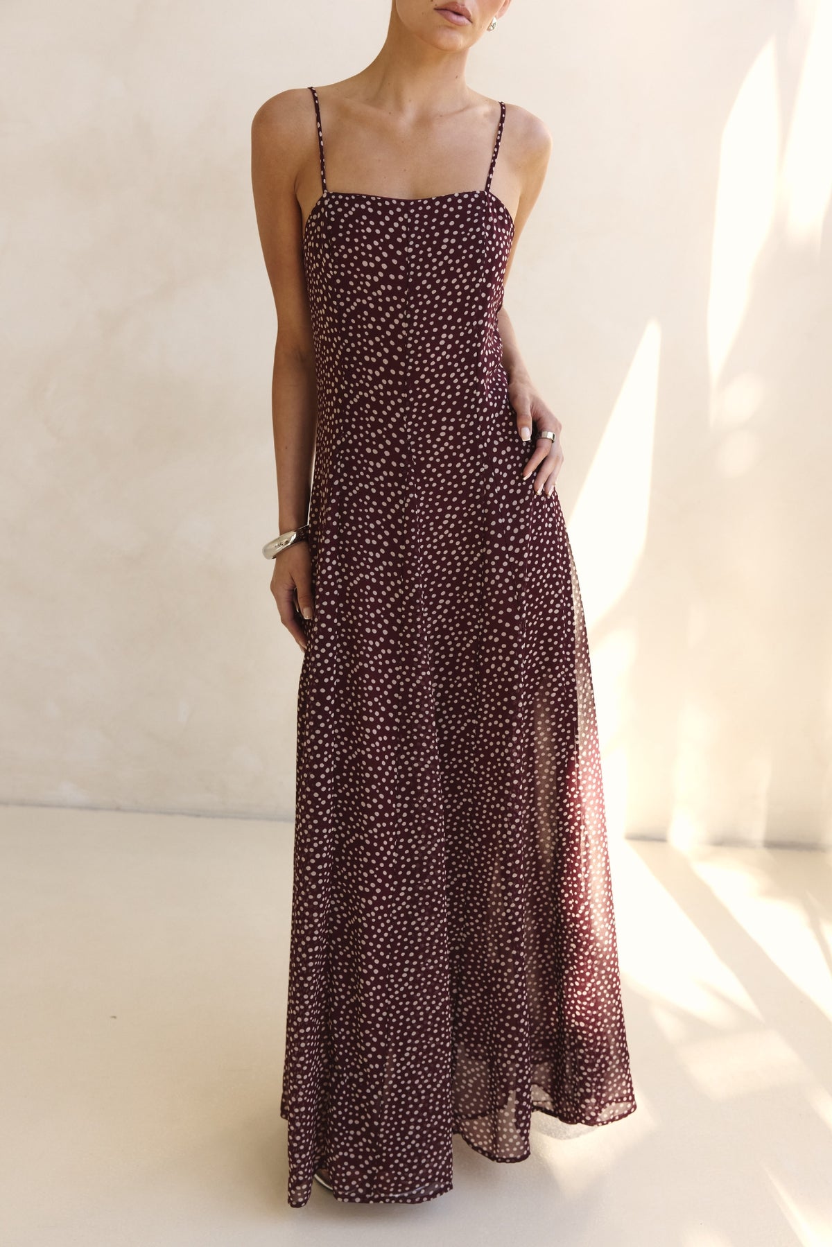 Valerie Maxi Dress (Wine/Cream Polka)