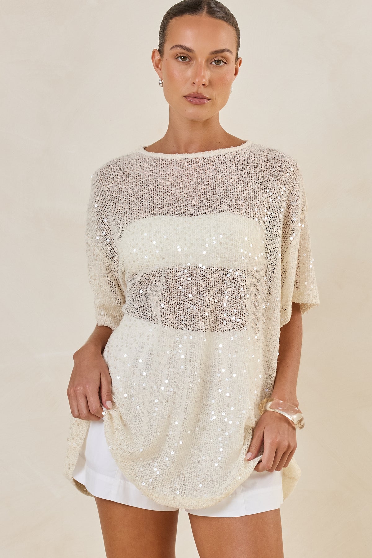 Micah Sequin Knit Tee (Cream)