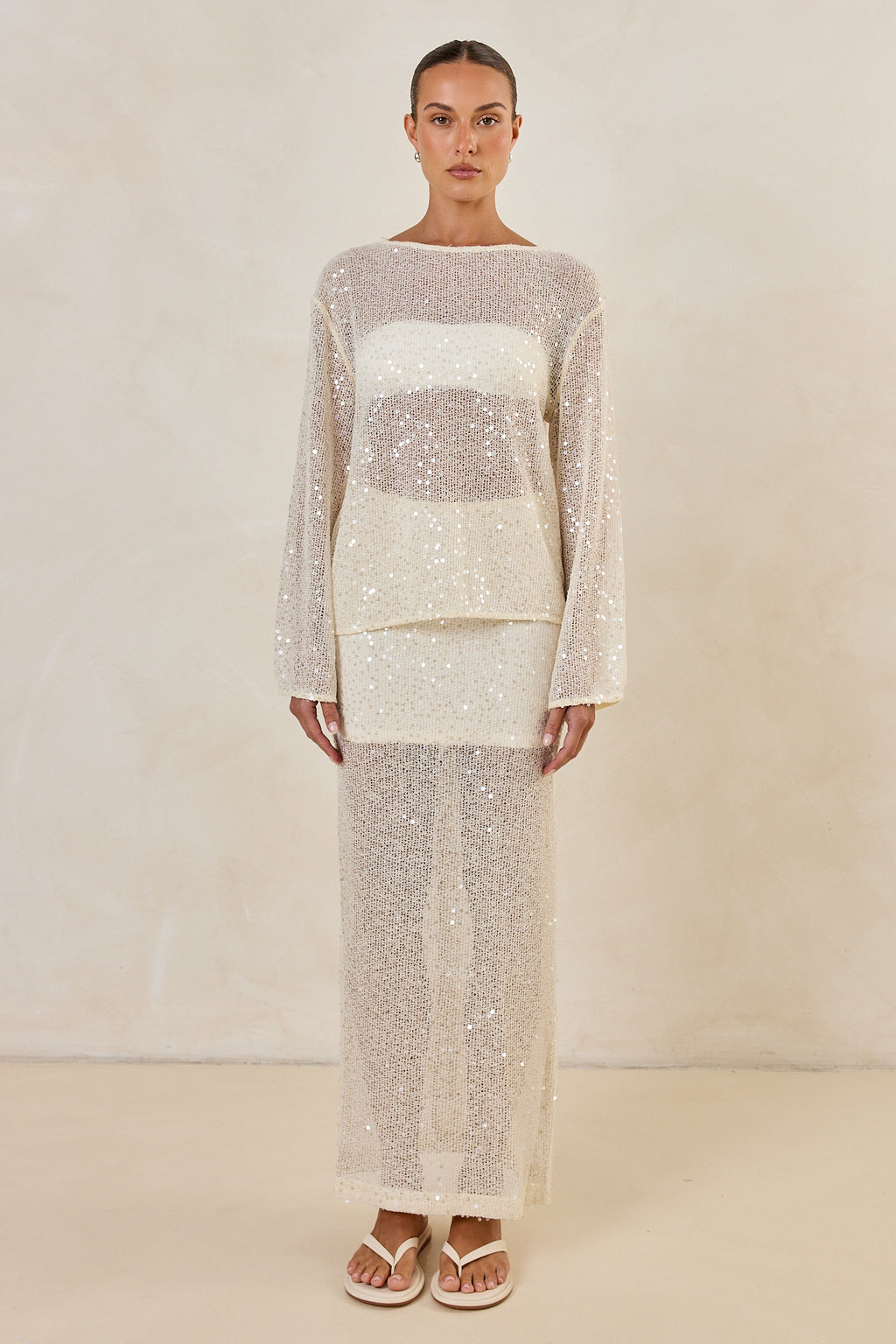 Nala Sequin Knit Midi Skirt (Cream)