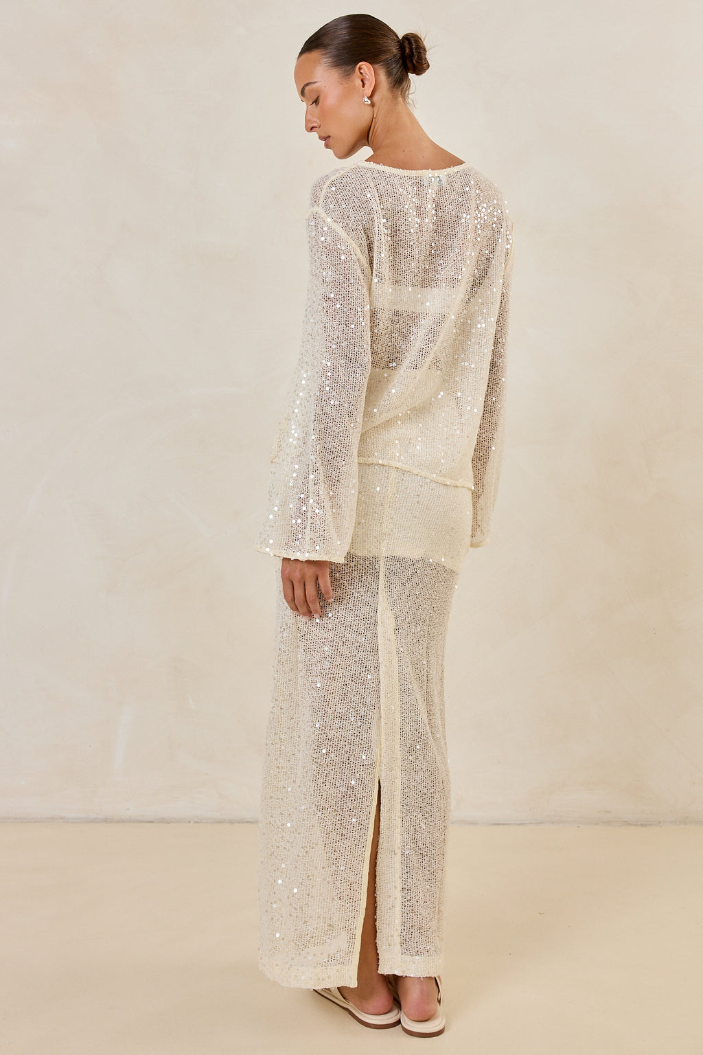 Nala Sequin Knit Midi Skirt (Cream)