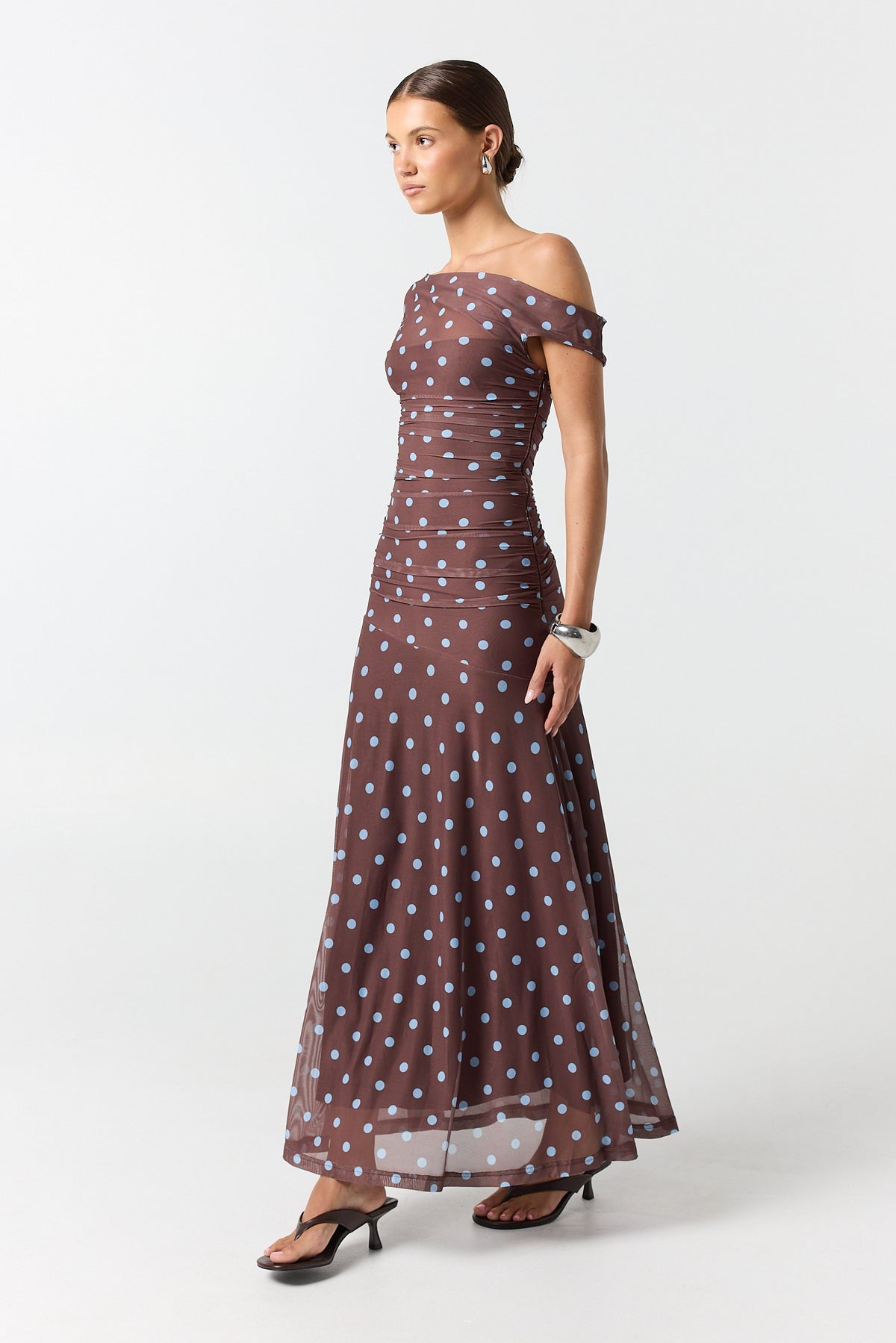 Leila Maxi Dress (Chocolate/Blue Polka)