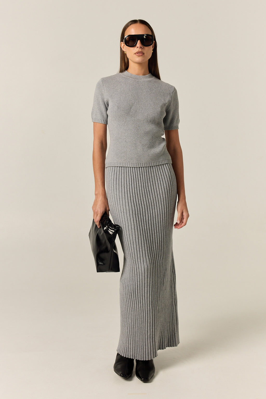 Jordy Ribbed Knit Midi Skirt (Grey)