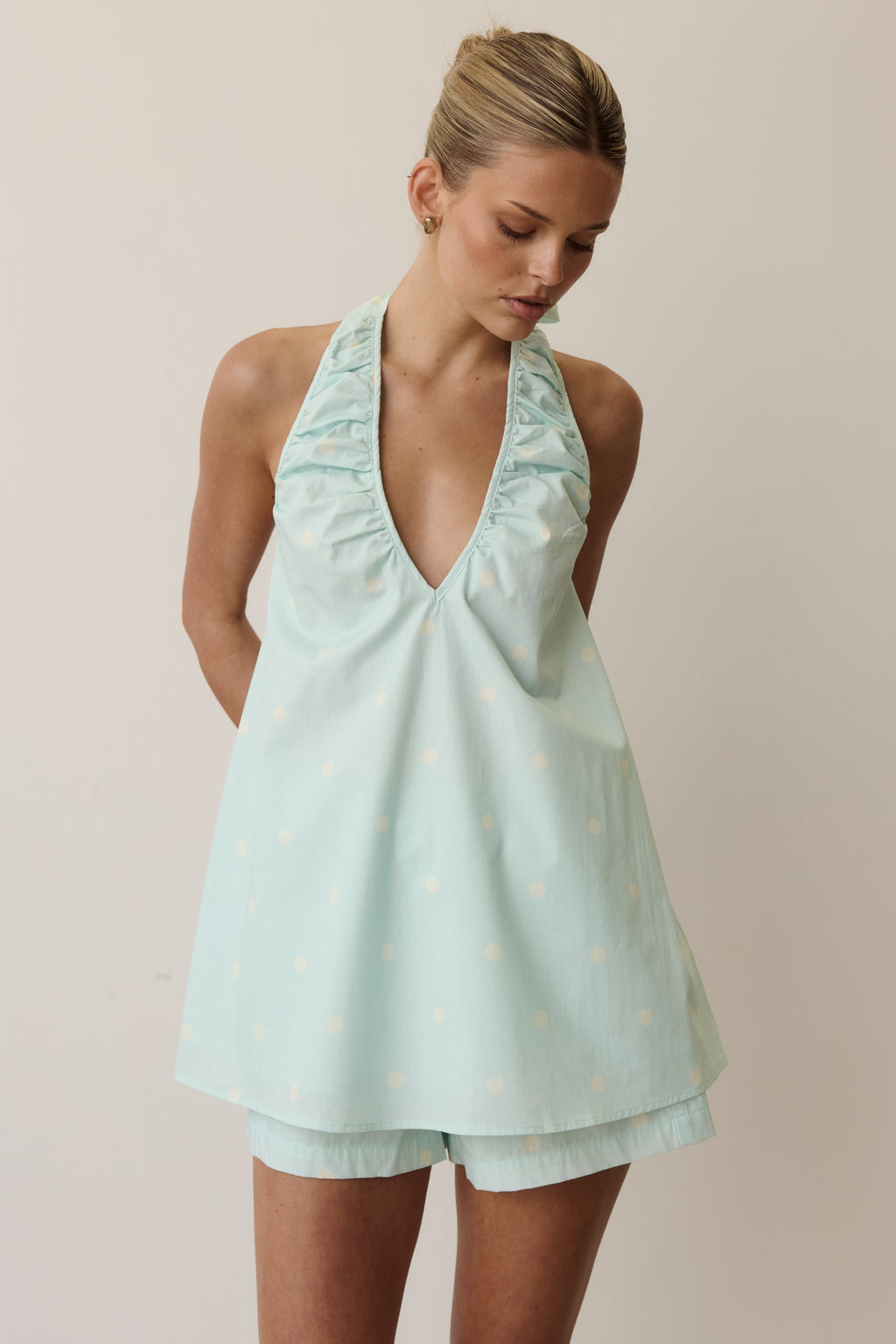 Shiloh Halter Top (Aqua/Butter Polka)