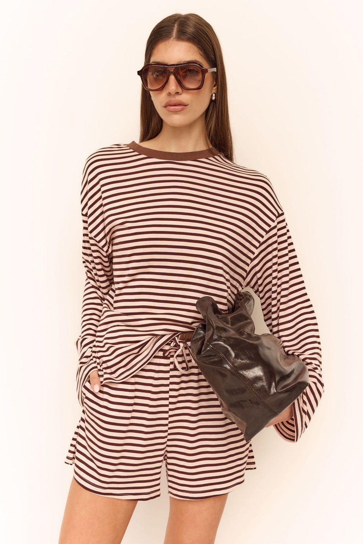 Odessa Long Sleeve Tee (Pink/Chocolate Stripe)