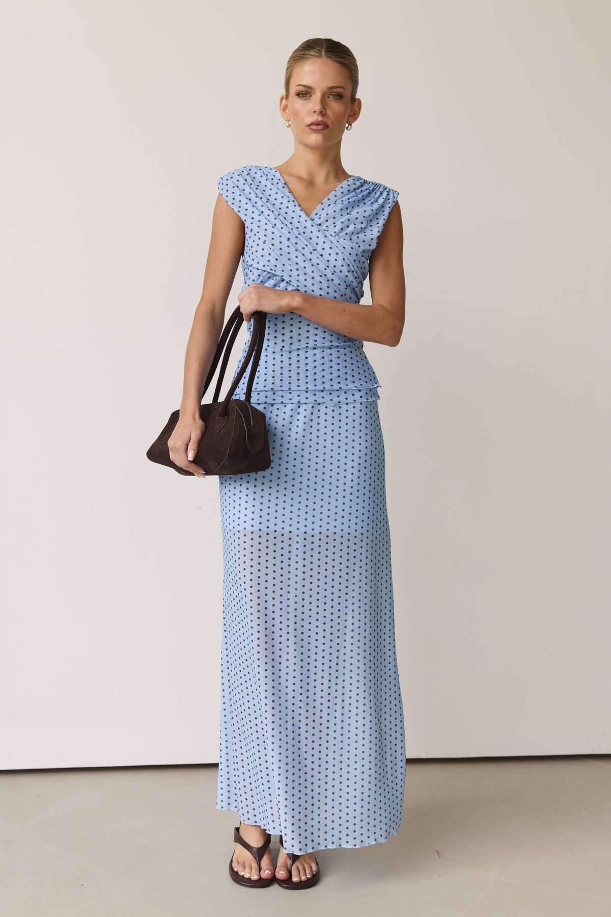 Hayse Top (Light Blue/Chocolate Polka)