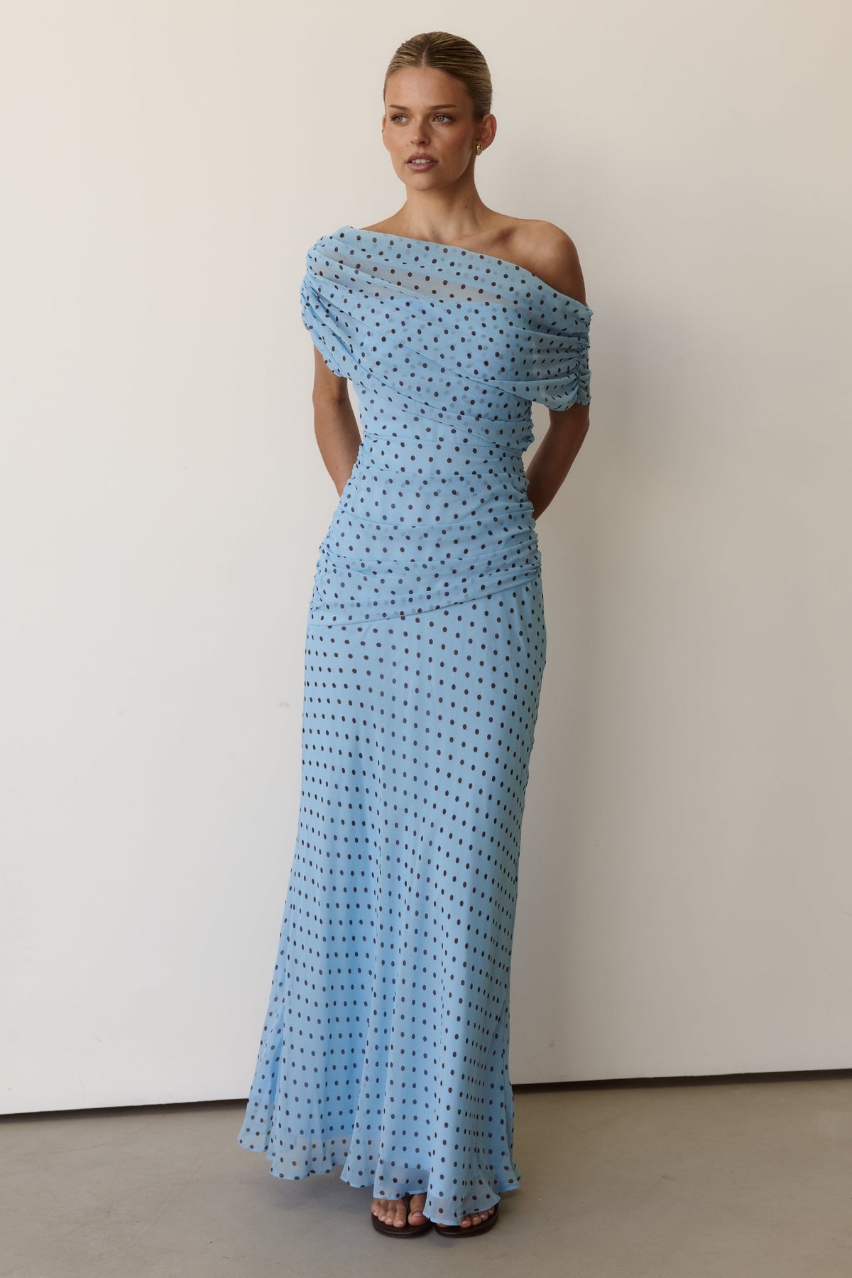 Naomi Maxi Dress (Light Blue/Chocolate Polka)