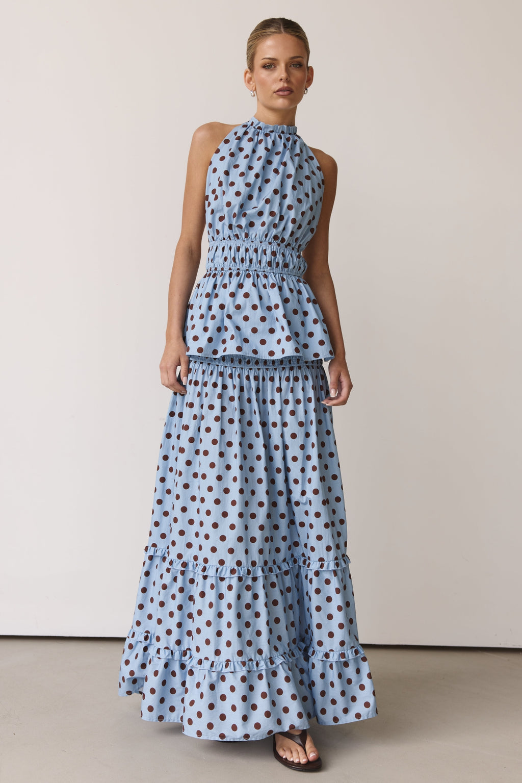 Stella Maxi Skirt (Light Blue/Chocolate Polka)
