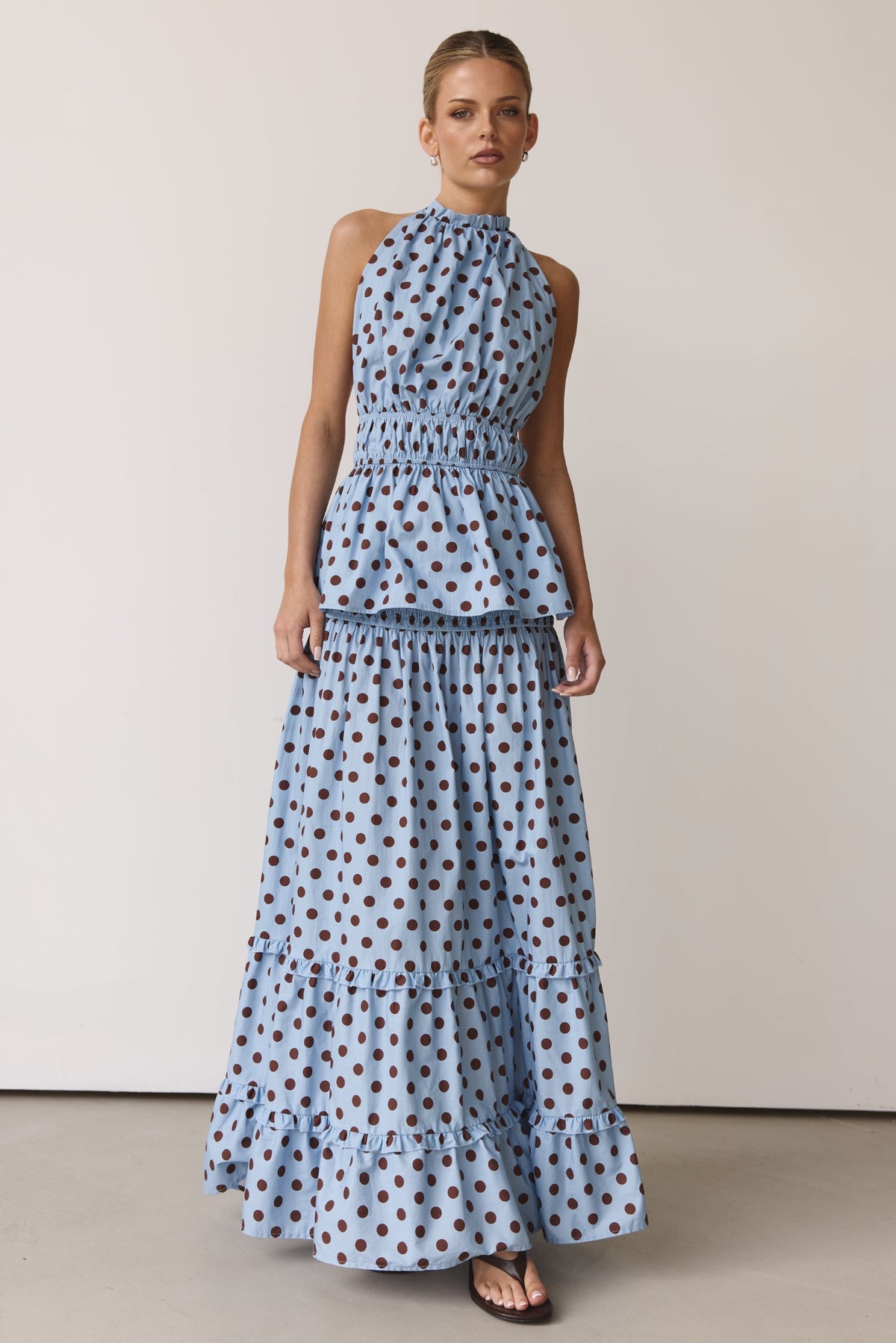 Stella Maxi Skirt (Light Blue/Chocolate Polka)