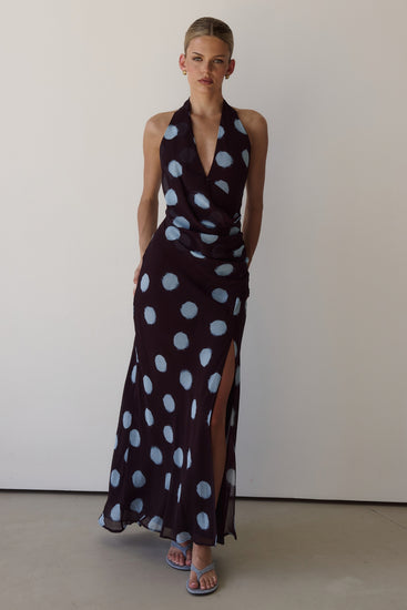 Nora Maxi Dress (Wine/Blue Polka)
