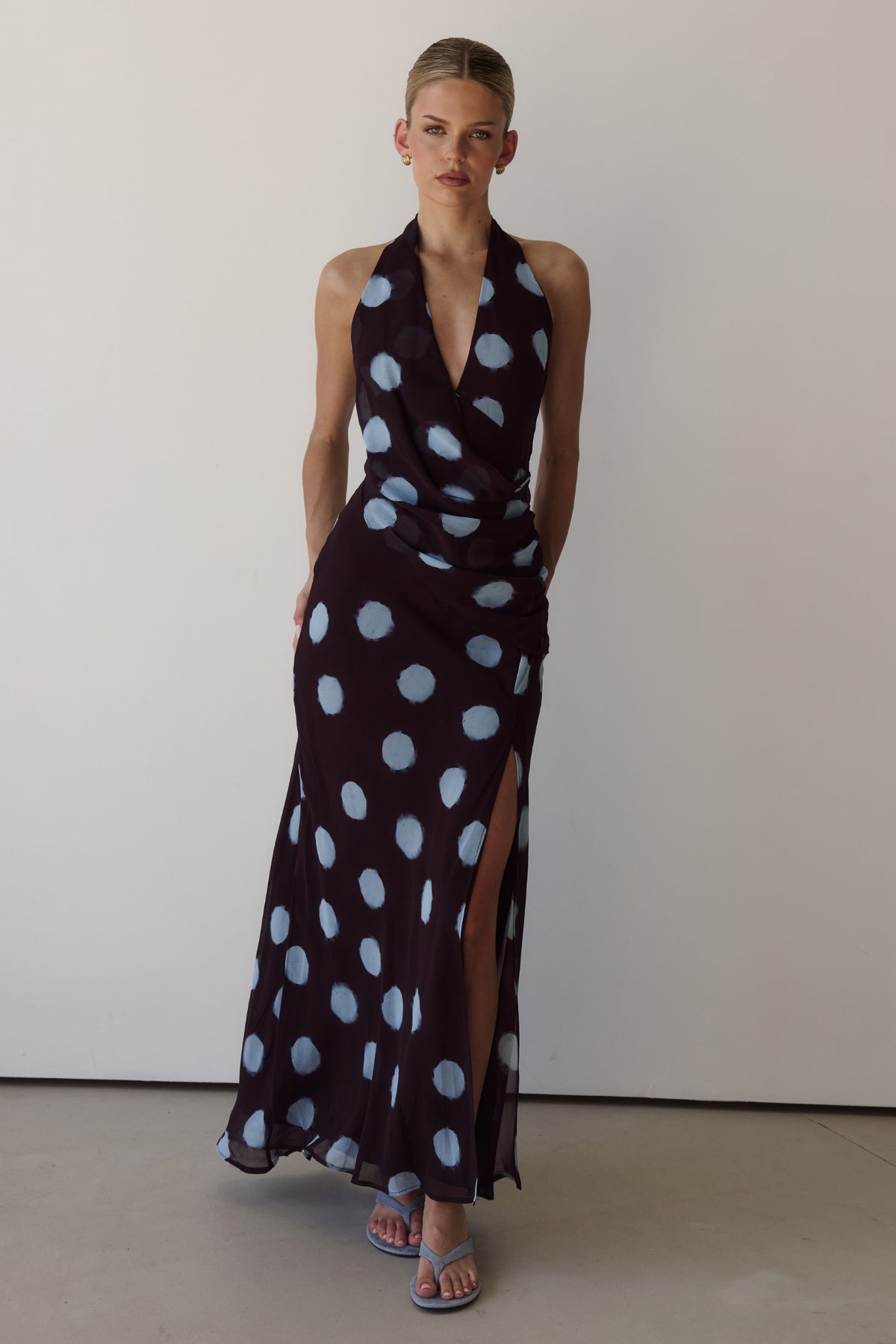 Nora Maxi Dress (Wine/Blue Polka)