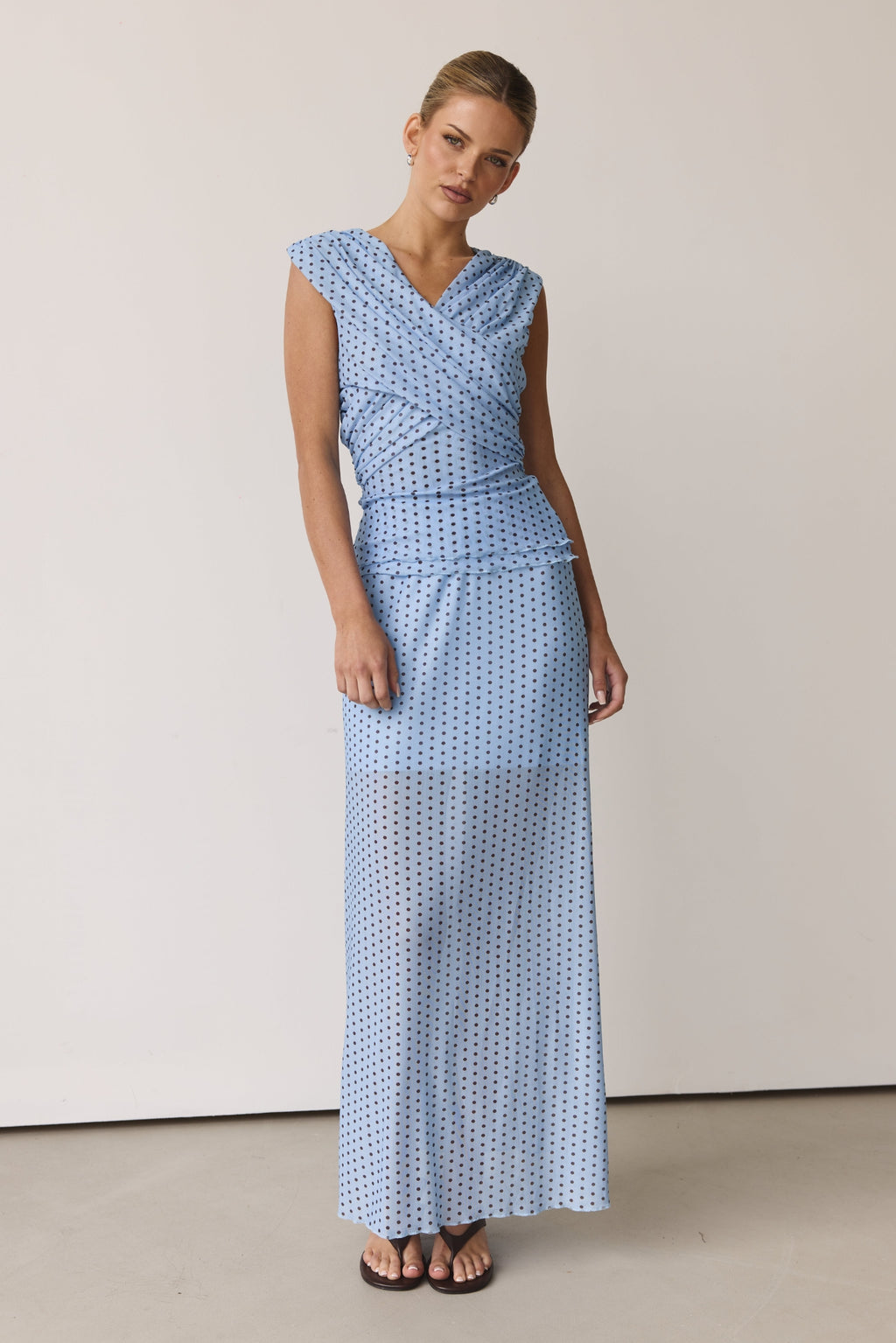 Hayse Maxi Skirt (Light Blue/Chocolate Polka)