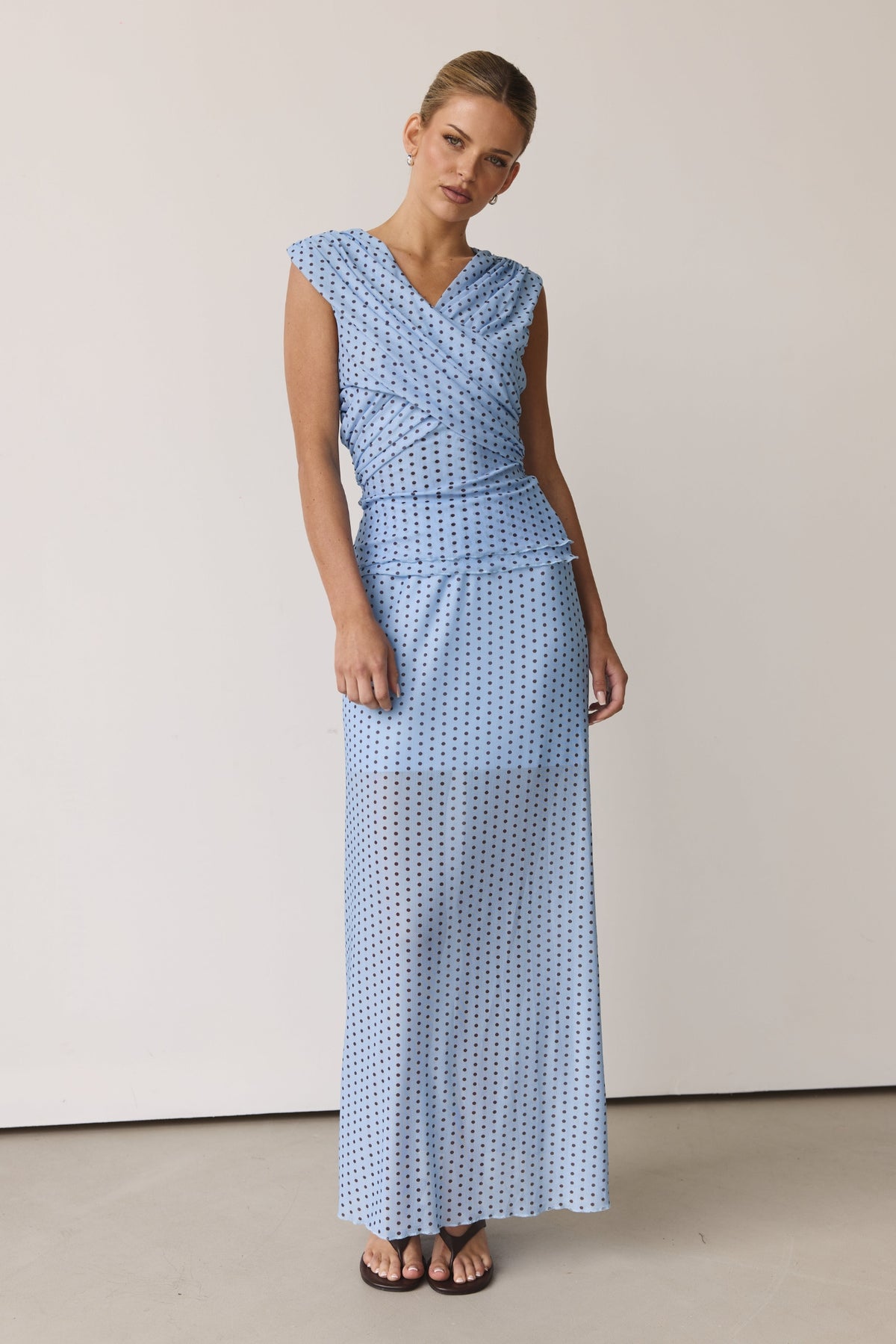 Hayse Maxi Skirt (Light Blue/Chocolate Polka)
