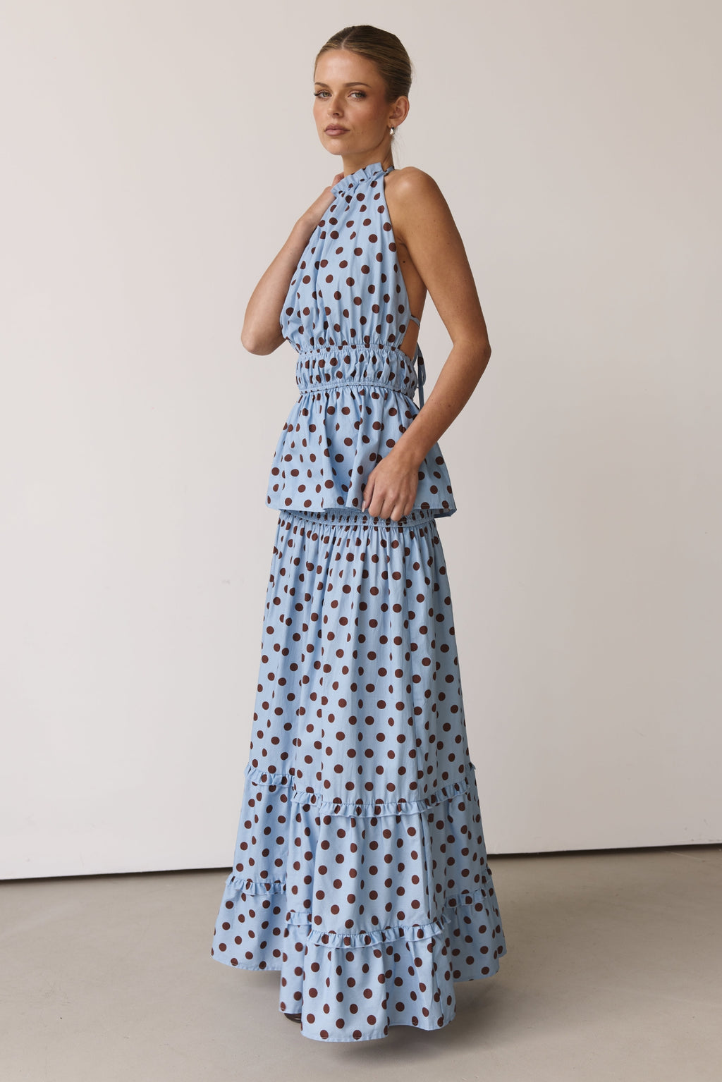 Stella Maxi Skirt (Light Blue/Chocolate Polka)