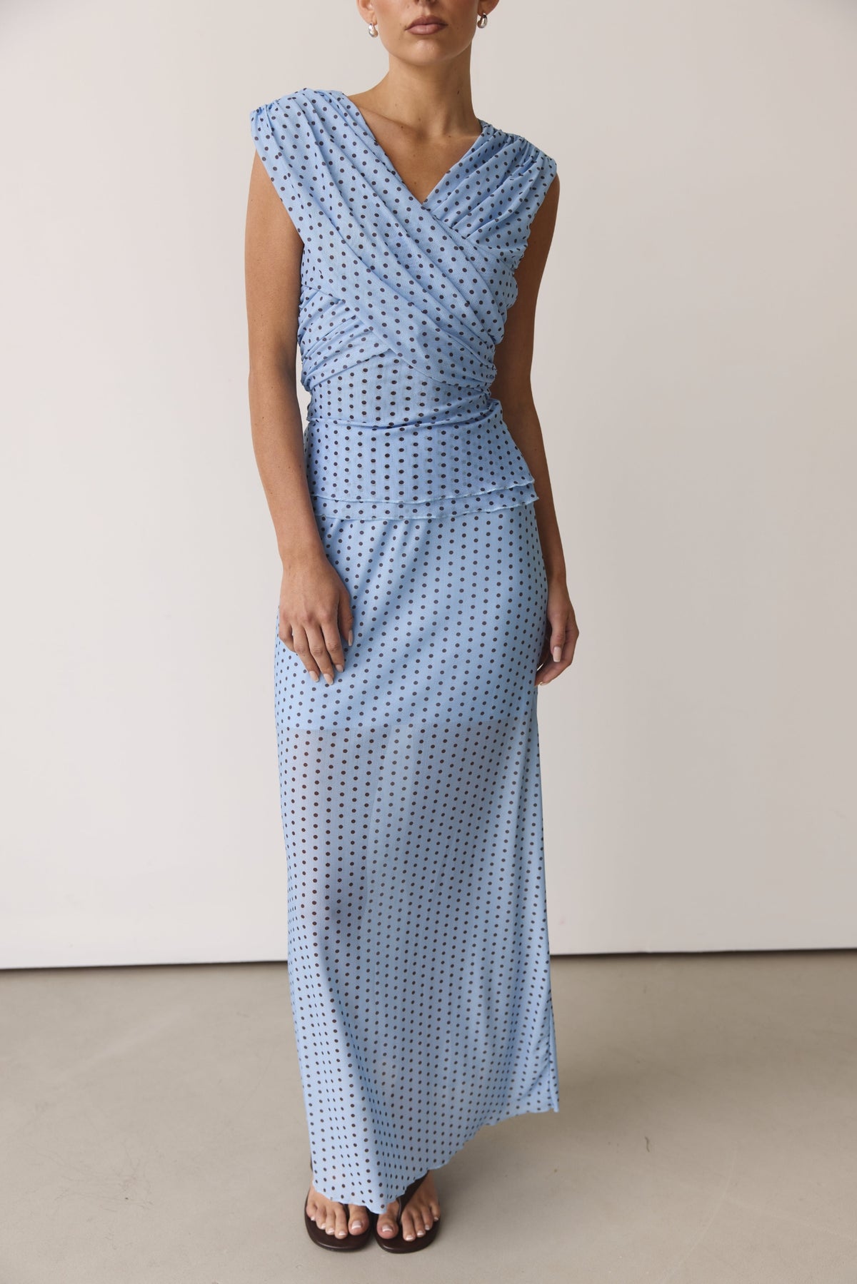 Hayse Maxi Skirt (Light Blue/Chocolate Polka)