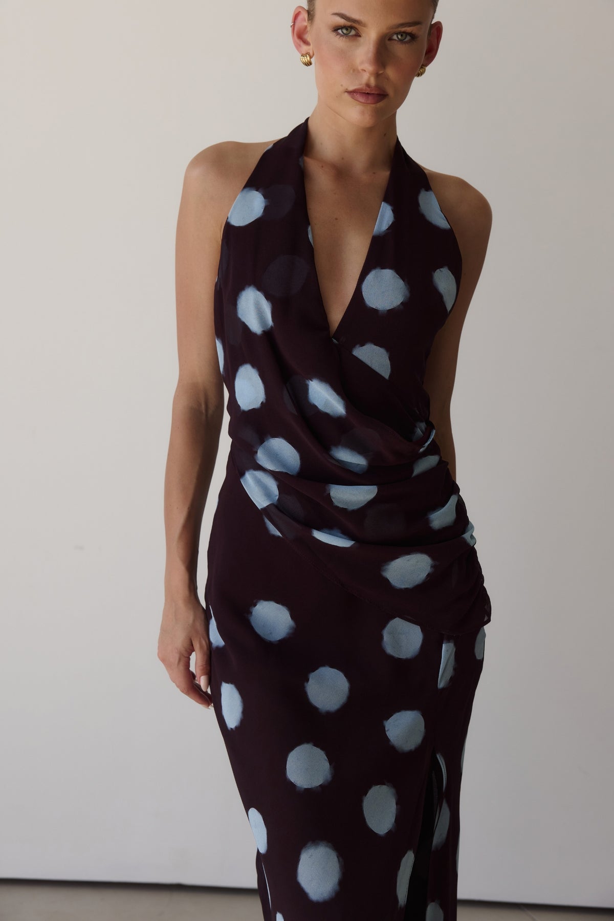 Nora Maxi Dress (Wine/Blue Polka)