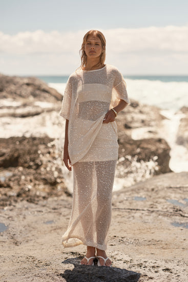 Nala Sequin Knit Midi Skirt (Cream)
