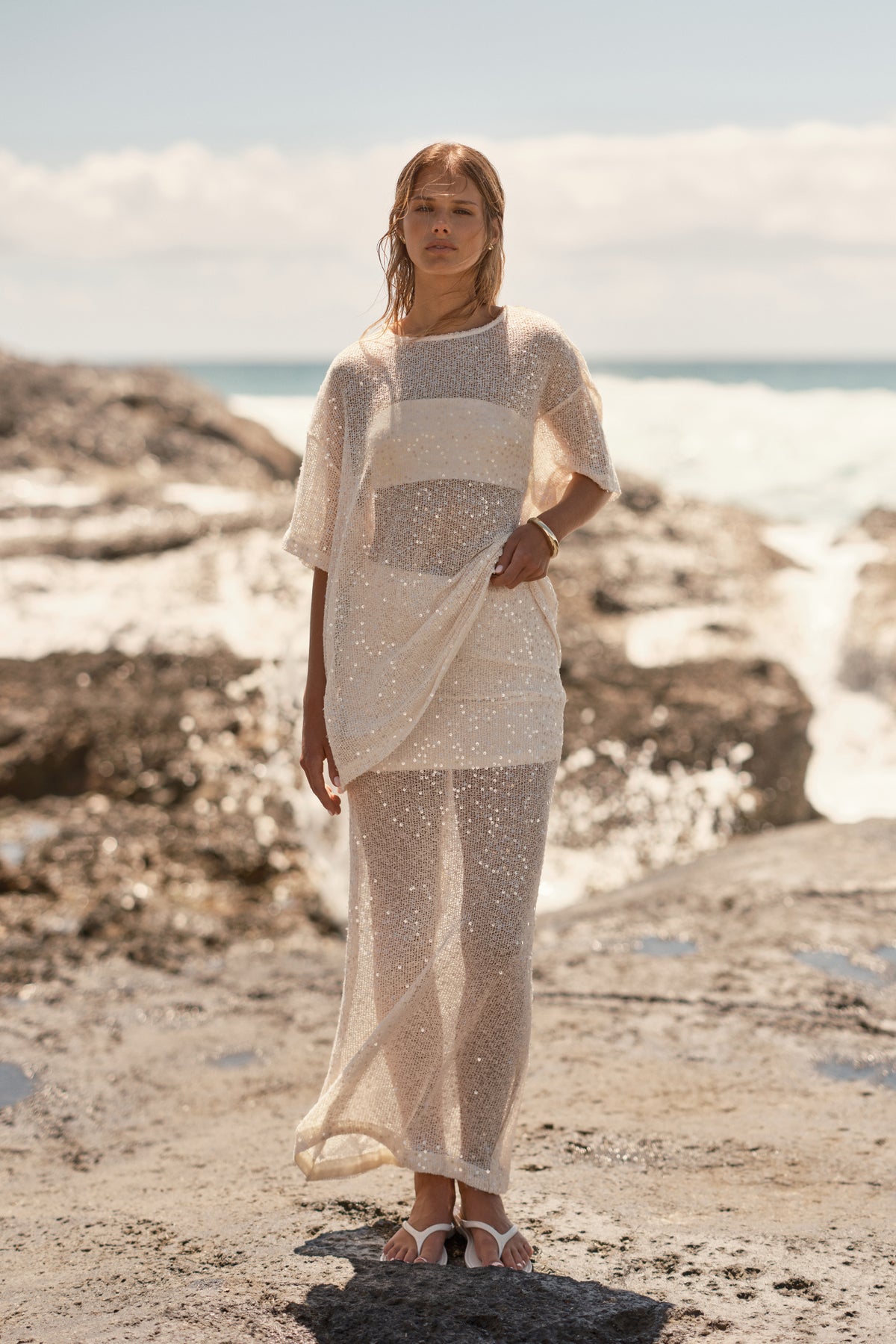 Nala Sequin Knit Midi Skirt (Cream)